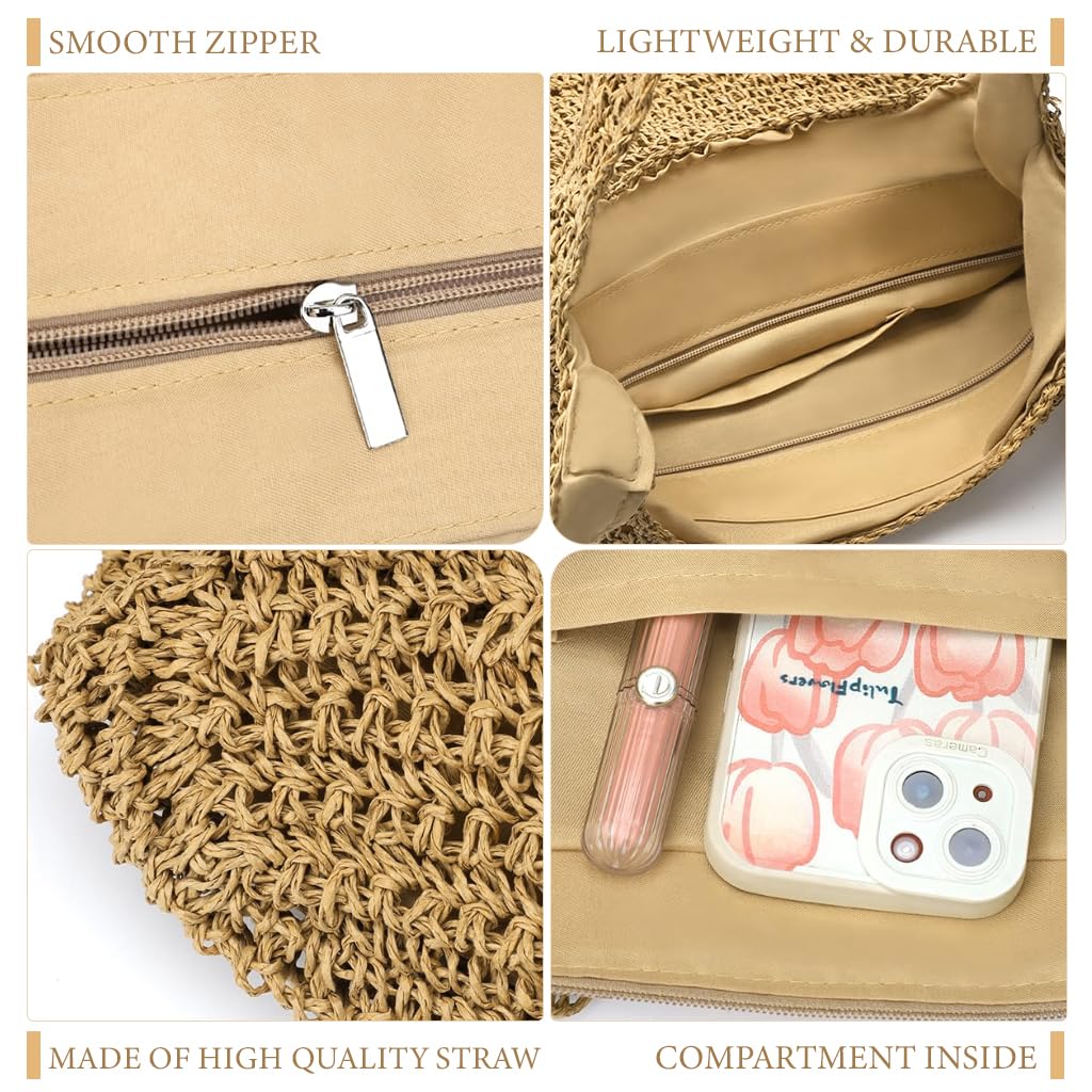 PALAY Straw Beach Bag for Women with Zip-Up Closure and Polyester Liner | Boho Summer Tote