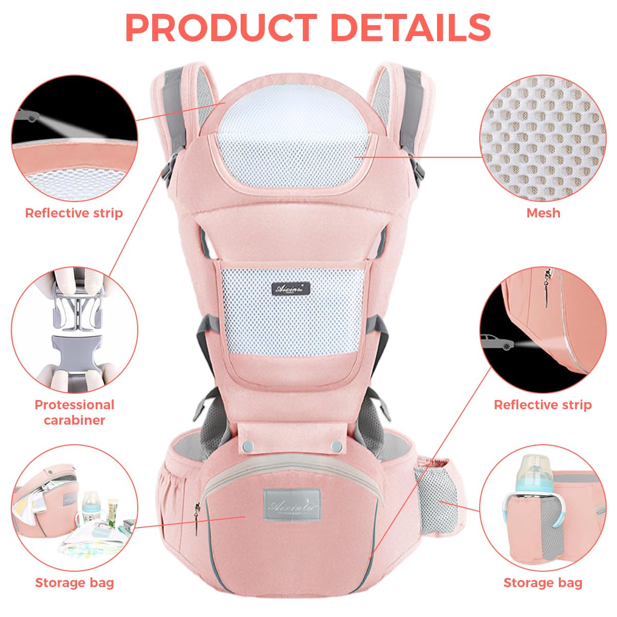 SNOWIE SOFT Baby Carrier Hip Seat for Travel with 6 in 1 Adjustable Design and Storage | Cotton Fabric for 0–36 Months