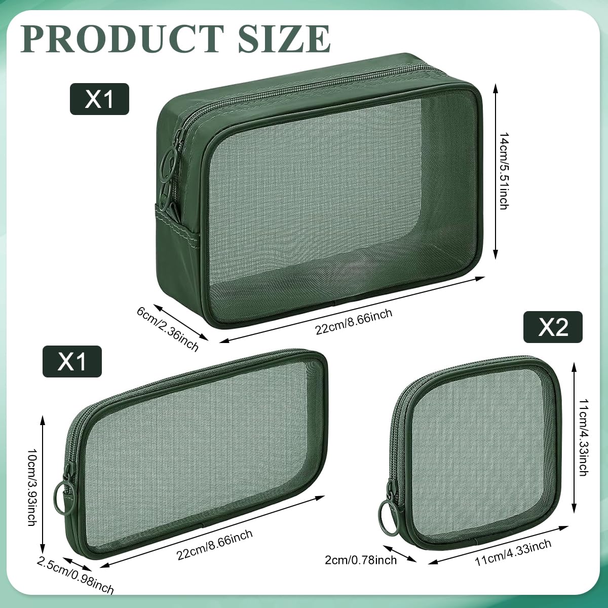 MAYCREATE Makeup Organizer Bag Set for Travel with 8PCS Mesh Zipper Pouches in Green