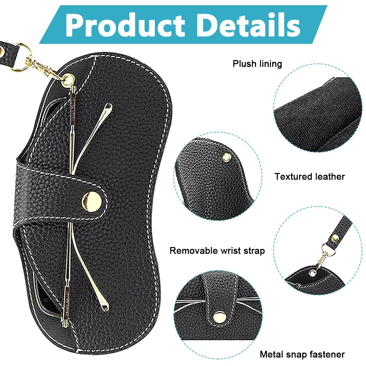 PALAY Sunglasses Case for Travel with 44.5cm Wrist Strap and Snap Button Closure | Black PU Leather