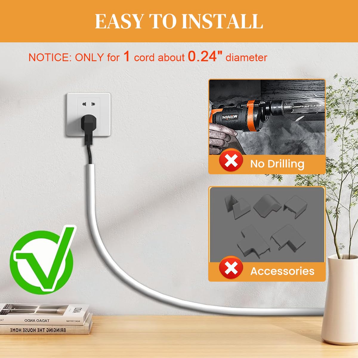 Serplex PVC Cord Cover 6.6ft for Floor and Wall Cable Management with Side Open Design White