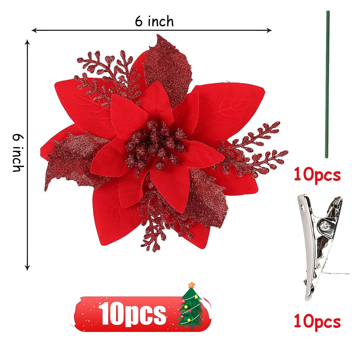 Venzina® 10 Pcs Christmas Tree Decorations Red Glitter Poinsettias Ornament Artificial Poinsettia Christmas Tree Decorations Artificial Christmas Flowers