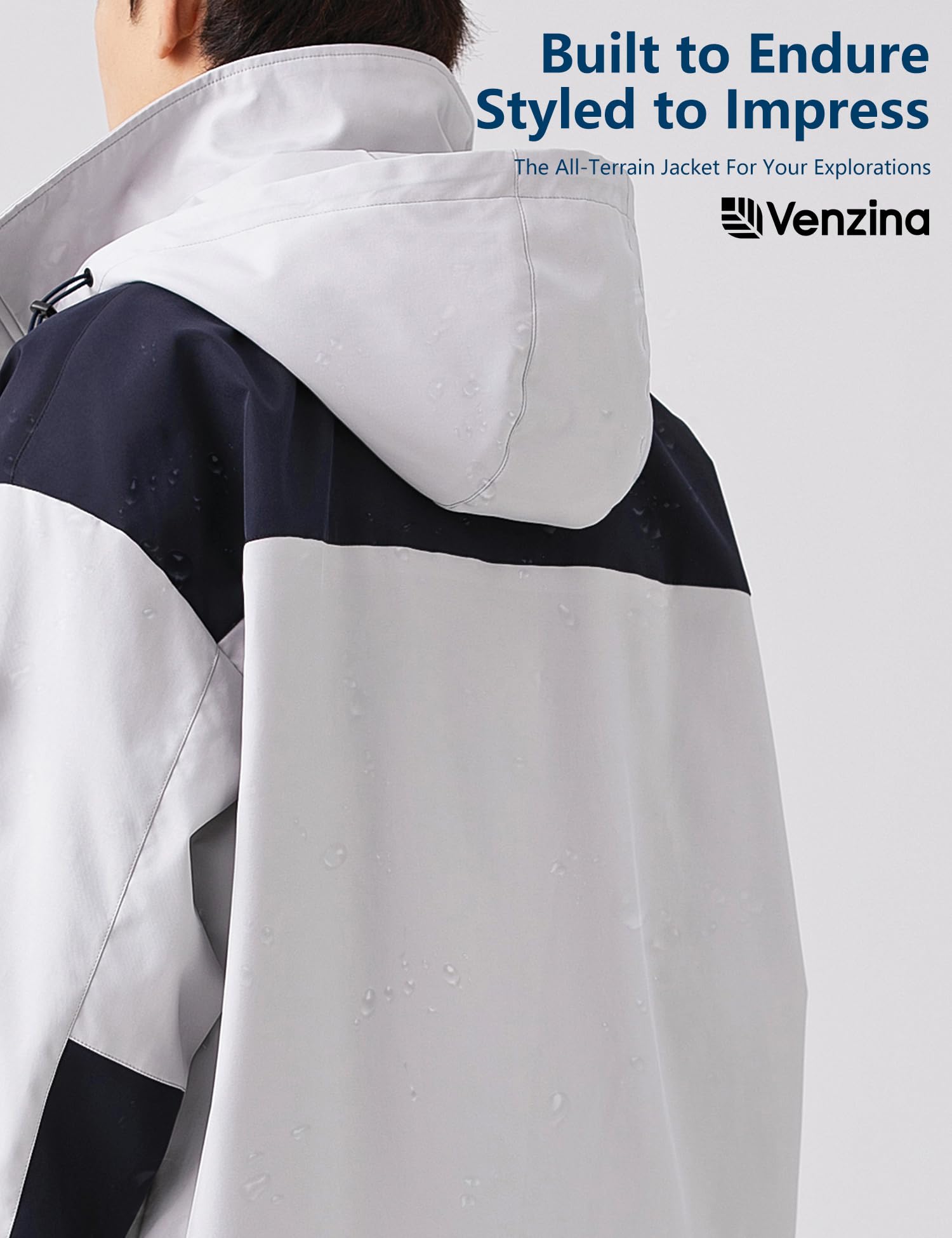 Venzina Men's Tech Wear Jacket for Urban Outdoor Style with Waterproof Windproof Shell | Light Gray Hooded Design