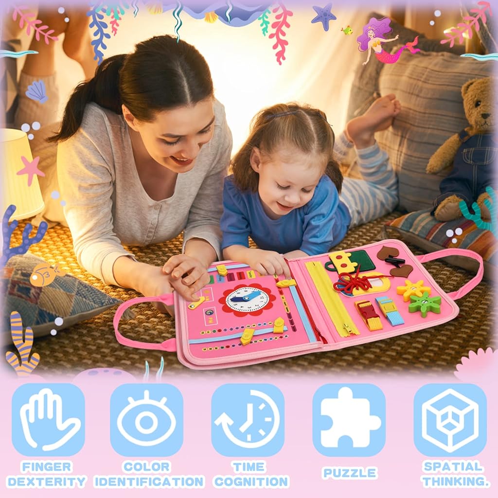 PATPAT® Busy Book for Toddlers Aged 2-3 Years Old Cartoon Mermaid Felt Busy Book Montessori Based Activity Book for Motor Skill Development Travel Portable Busy Book Life Skill Learning Toy Book