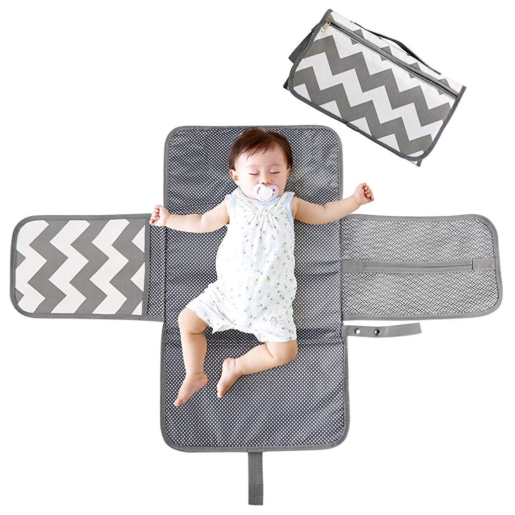 SNOWIE SOFT Baby Changing Mat, Waterproof Changing Pad with Head Cushion & Organizer Pockets, Diaper Changing Station, Foldable Baby Massage Mat for Home Travel Outside (Grey)