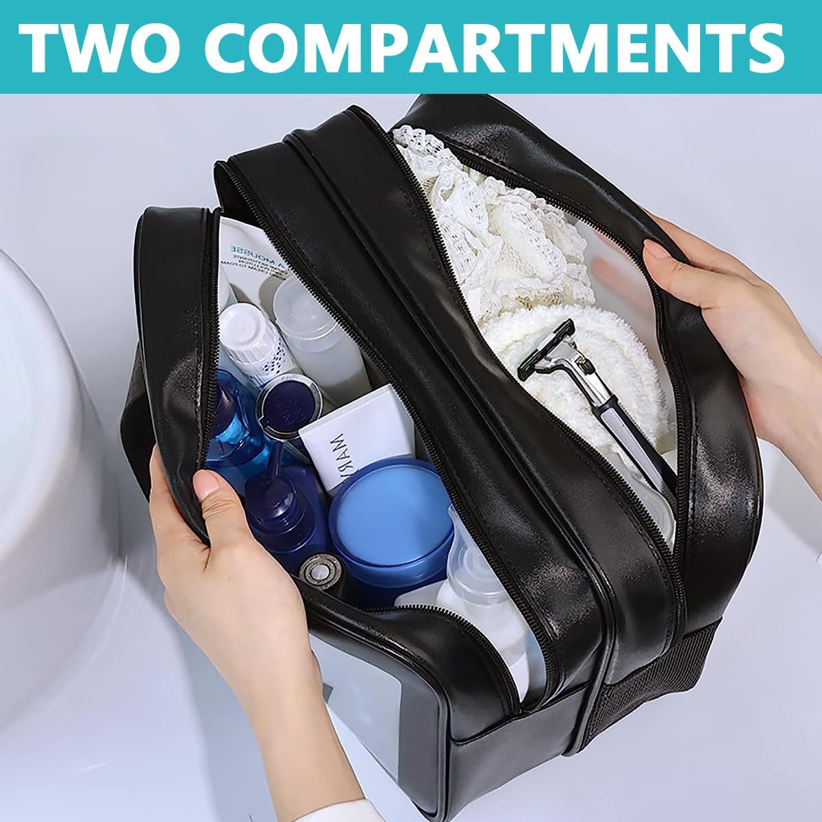 MAYCREATE Travel Toiletry Bag for Makeup and Toiletries 12L x 6W x 8H in | Double Layer Wet Dry Organizer Black