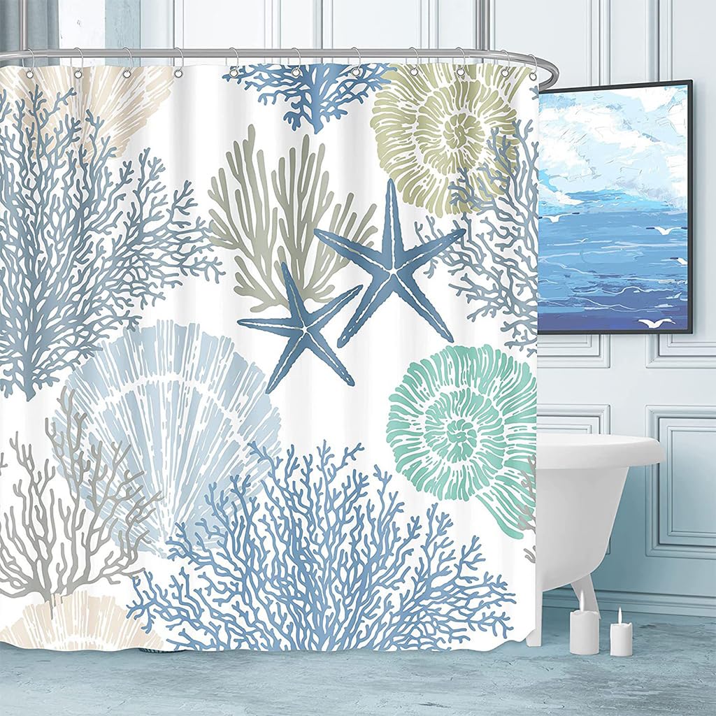 HASTHIP Shower Curtain for Bathroom 180×180 cm with Weighted Hem and 12 Hooks | Ocean Coral Design