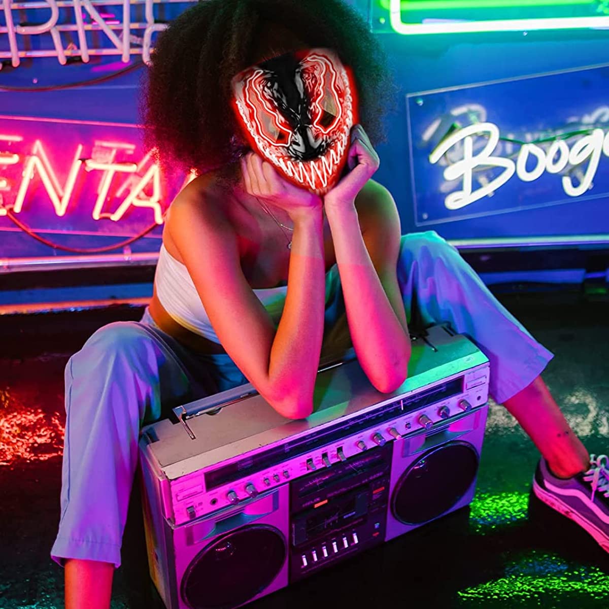 PATPAT LED Light Up Mask for Halloween Parties with 3 Modes and 19×22cm Fit | Red Glow