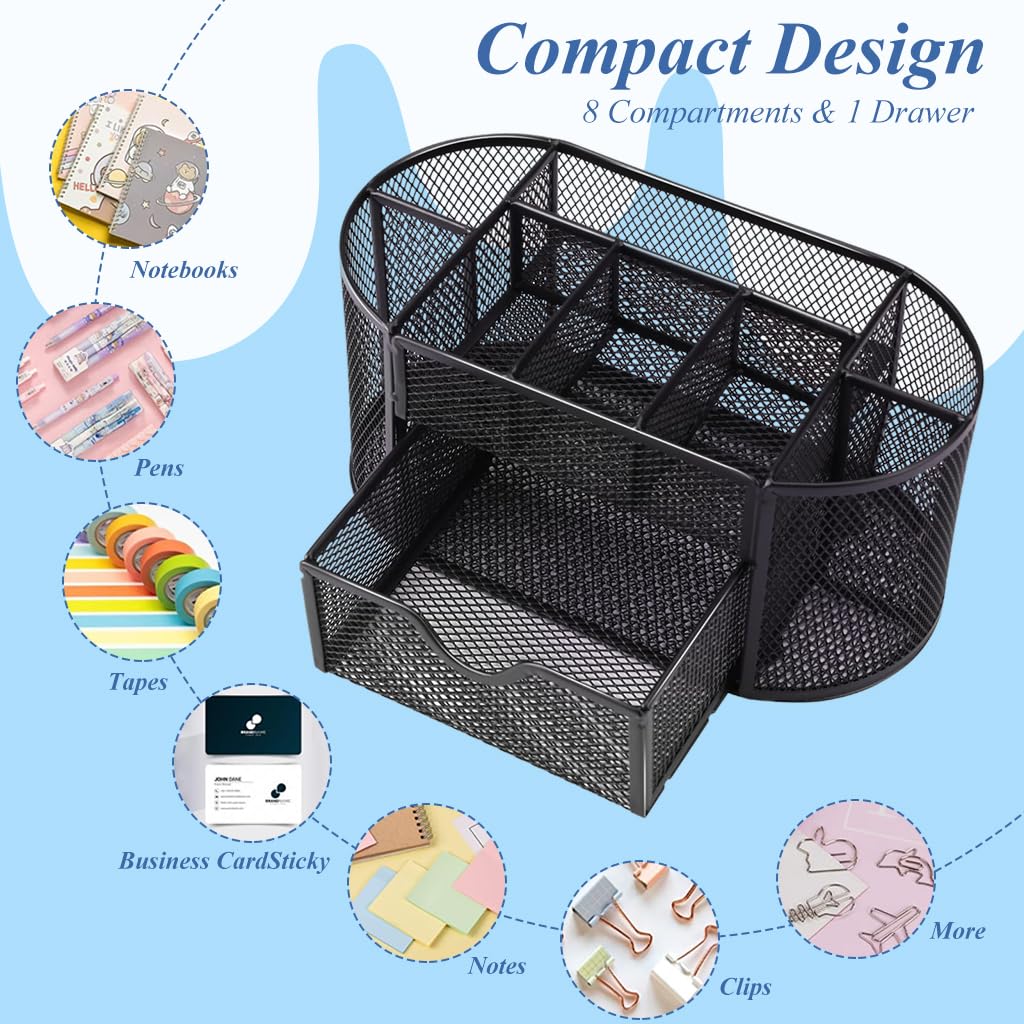 Zibuyu Metal Mesh Desk Organizer for Office and Home with Drawer and 8 Compartments | Black 22×11×10.5 cm