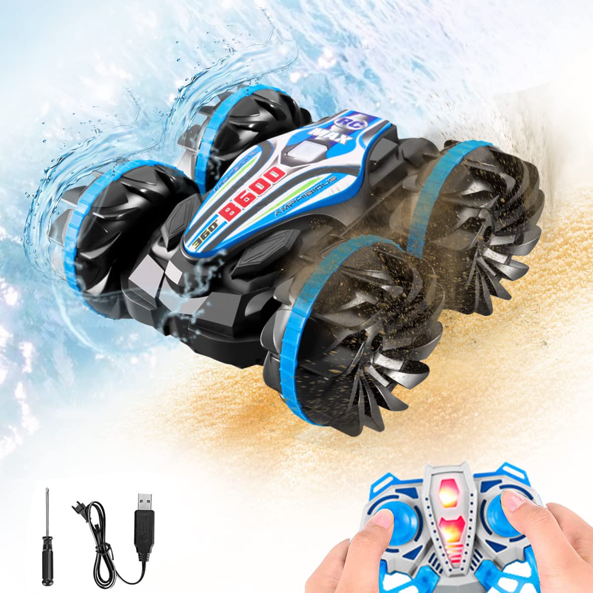 PATPAT® Remote Control Car for Kids, 2.4Ghz Wireless Remote Land Water 2 in 1 Rc Stunt Car Toy, 360° Rotatable Multifunction Waterproof Remote Vehicle Gifts for Boys and Girls (Blue)