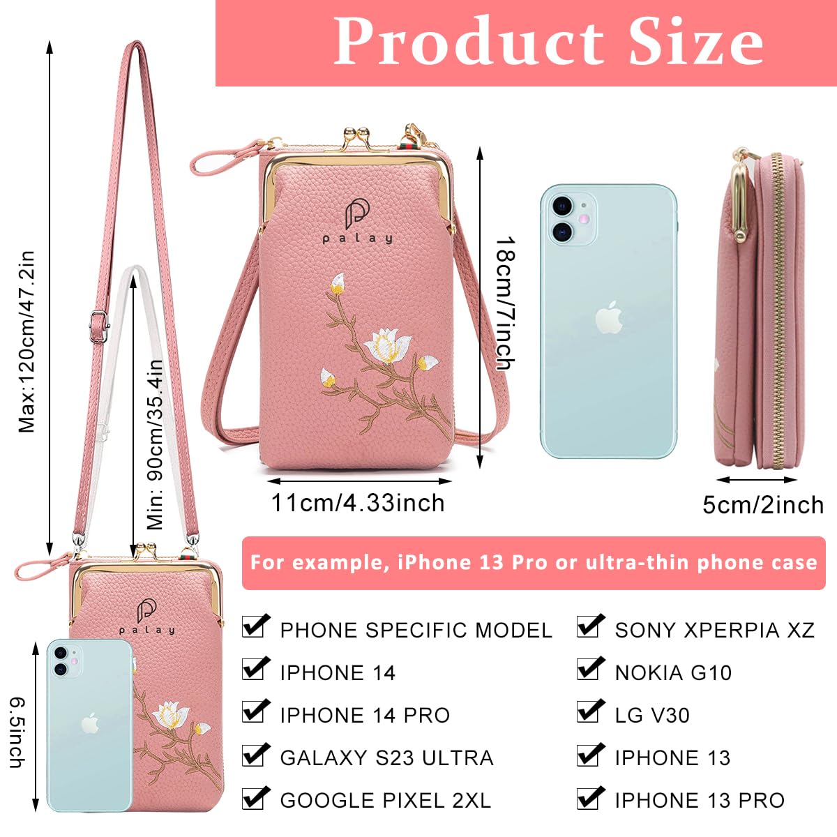 PALAY Womens Small Crossbody Phone Bag for Travel with 7 in Height & Smooth Zipper | Pink PU Leather Wallet Purse