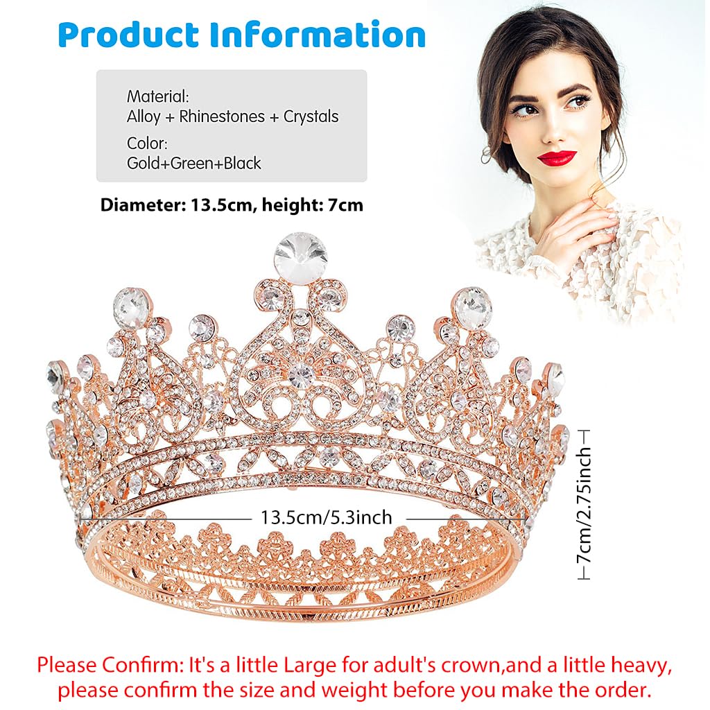 SANNIDHI Crystal Crowns for Women, Rose Gold Full Round Crystal Queen Crown Rhinestone Bridal Tiara Pageant Prom Weddings Crown Hair Accessories