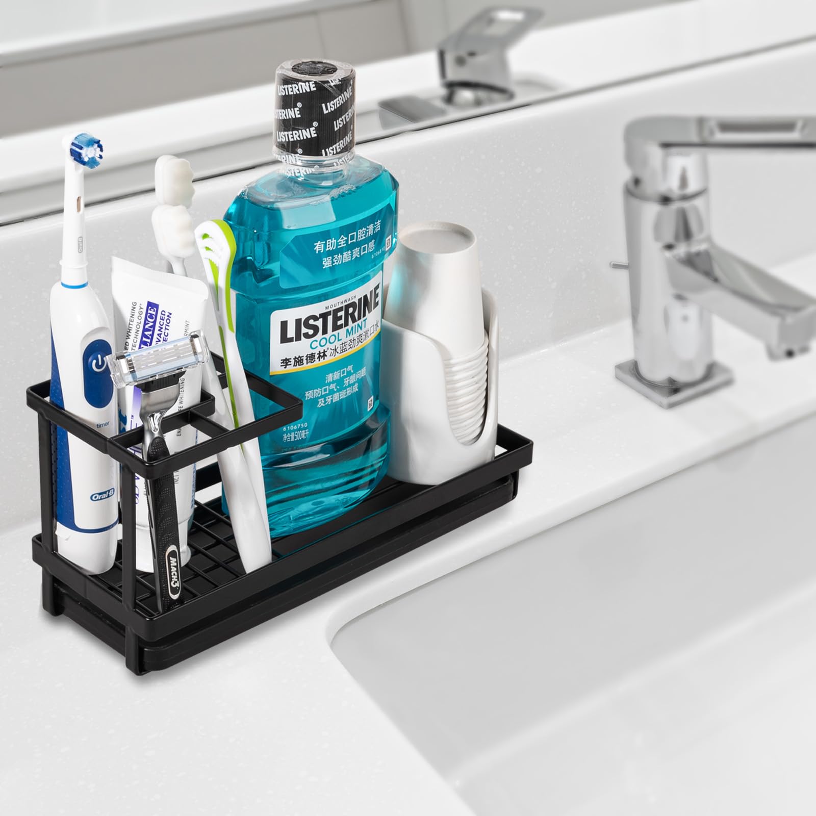 HASTHIP® Toothbrush Holder with Pull-Out Drip Tray, Water Cup Drain Organizer Rack for Bathroom, Modern Minimalist Metal Toiletries Stand, Multi-Grid Storage for Toothpaste & Cups, Durable, Black