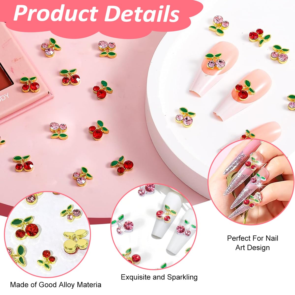 MAYCREATE® 50Pcs 3D Cherry Nail Charms, 2 Sizes Pink and Red Mini Cherry Nail Decal 3D Sparkling Nail Art Cherry Nail Decal  Non-adhesive Flat Back Cute Cherry Nail Charms