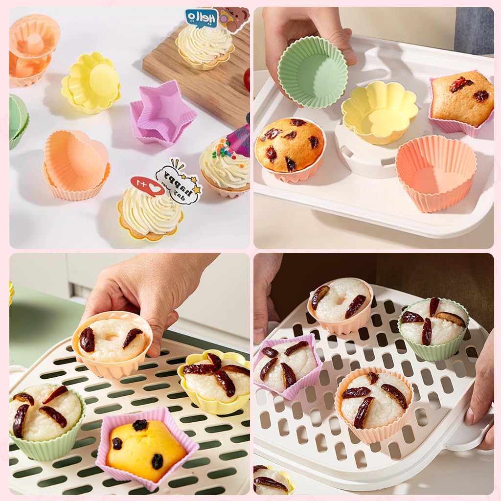 HASTHIP Silicone Cupcake Liners for Muffins and Pastries featuring 5 Shapes | BPA-Free Reusable Baking Cups