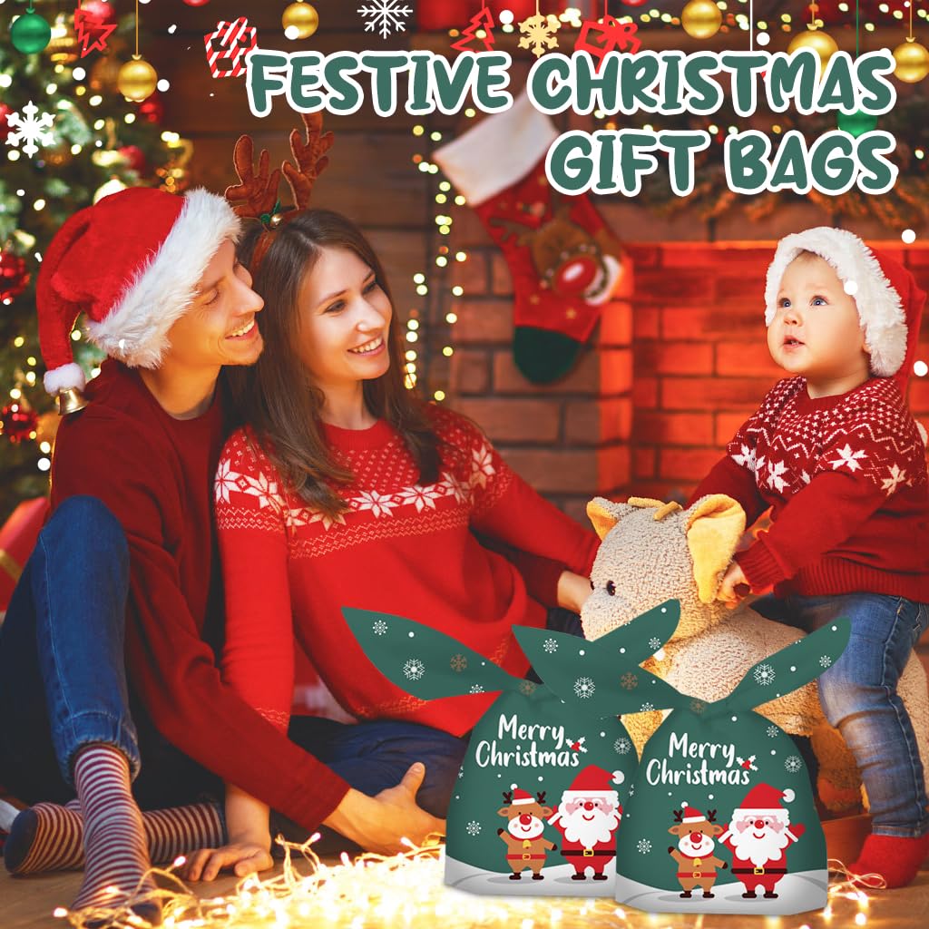 HASTHIP Christmas Gift Bags 50 pcs for Holiday Party Favors featuring Tie Up Closures | Green 13.5x23 cm Reusable Bags for Kids