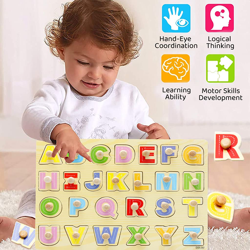 PATPAT® 2Pcs ABCD Toys for Kids Wooden Puzzles Alphabets for Kids Learning Toys for 2 Year Old Girls Boys, Educational Toys Montessori Wooden Board Activity Toys Kids Gift (Letter Puzzle, Car Puzzle)