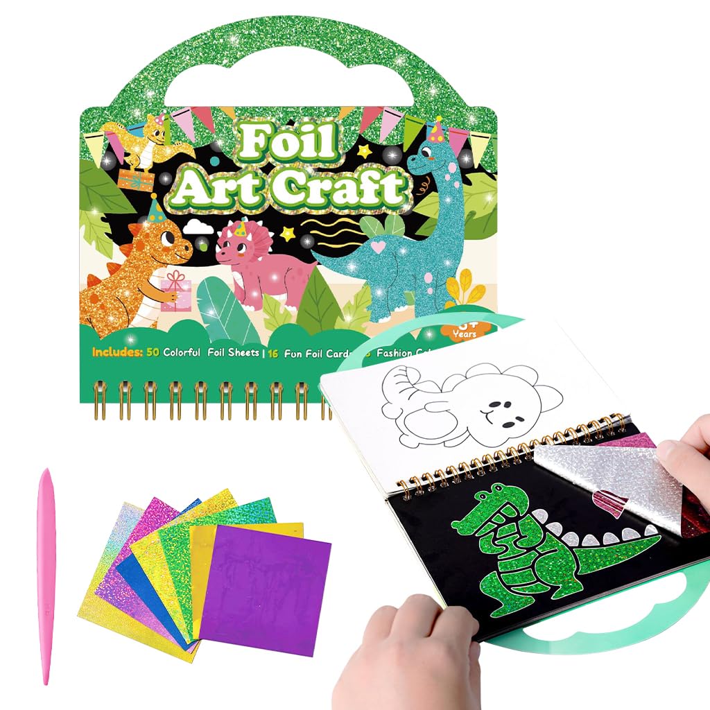 PATPAT Dinosaur Foil Art Kit for Kids with 16 Patterns and 80 Glitter Sheets | DIY Gift