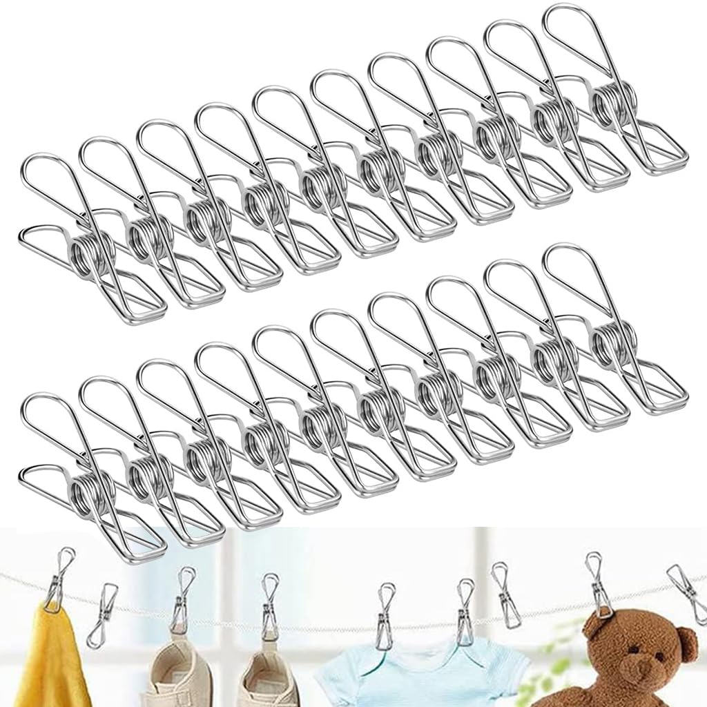 ZIBUYU® 20Pcs Metal Clothes Clips Cloth Pins 2.1'' Clothes Drying Clips Clothes Line Stainless Steel Clips Clip Hangers for Clothes Multipurpose Home Office Metal Line Clips for Files, Snacks Bag Seal