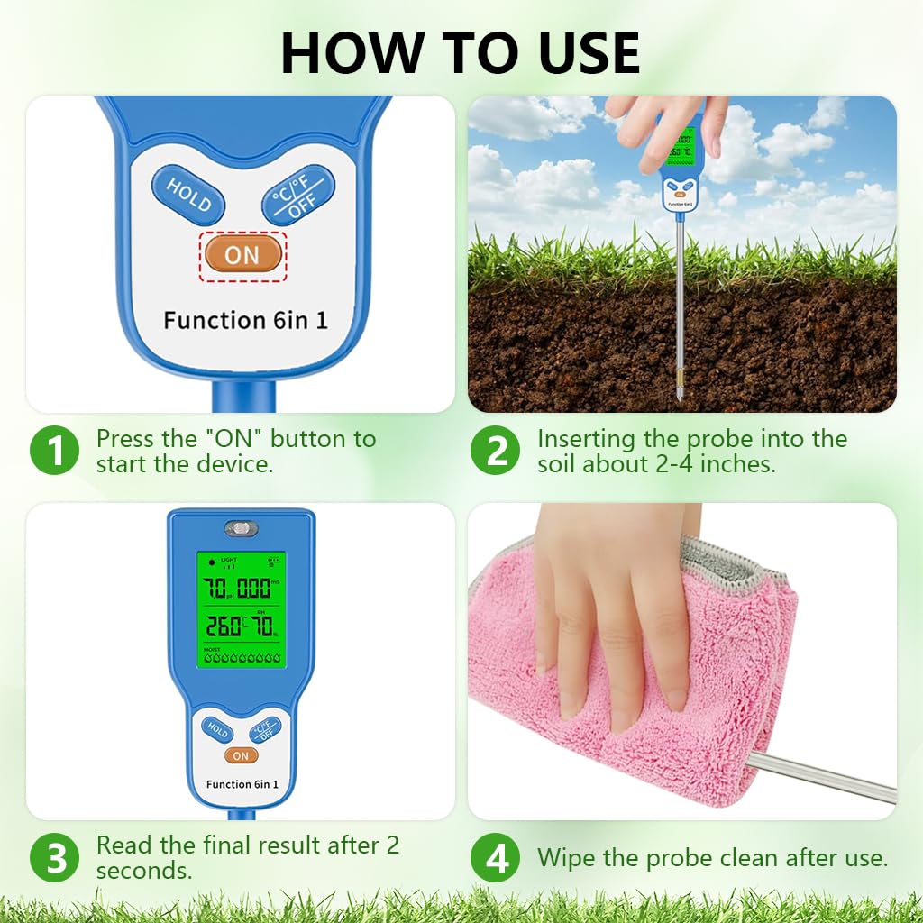 Serplex Soil Tester for Gardening with 6-in-1 pH Moisture and Light Sensors | Rotating LCD Display