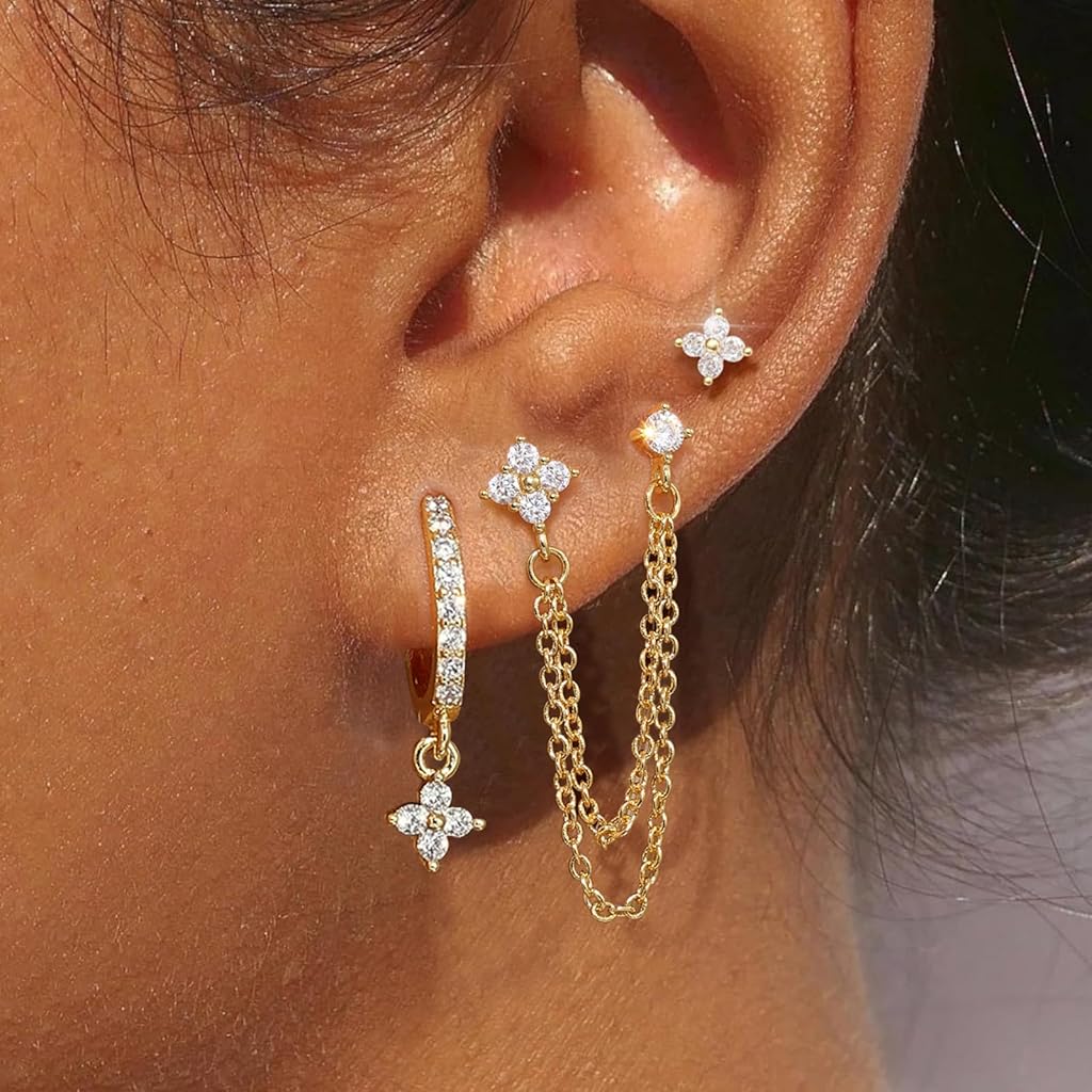 SANNIDHI® 3 Pairs Earrings Set for Women Stud Hoop Dainty Silver Flower Chain Earring for Multiple Piercing Hypoallergenic Earrings Jewelry