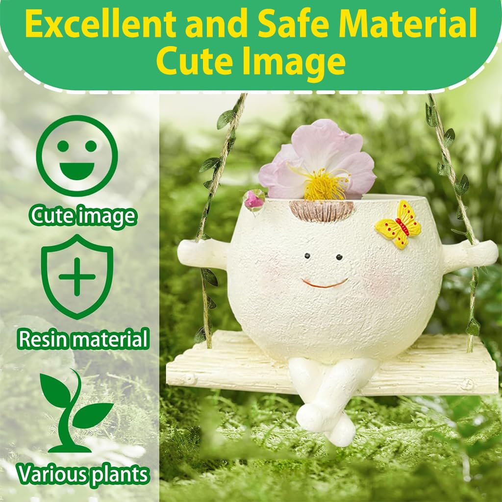 HASTHIP Swing Hanging Flower Pot for Indoor and Outdoor Plants with Eco Hemp Rope | 13.5x9x9 cm Resin Planter for Succulents and Herbs