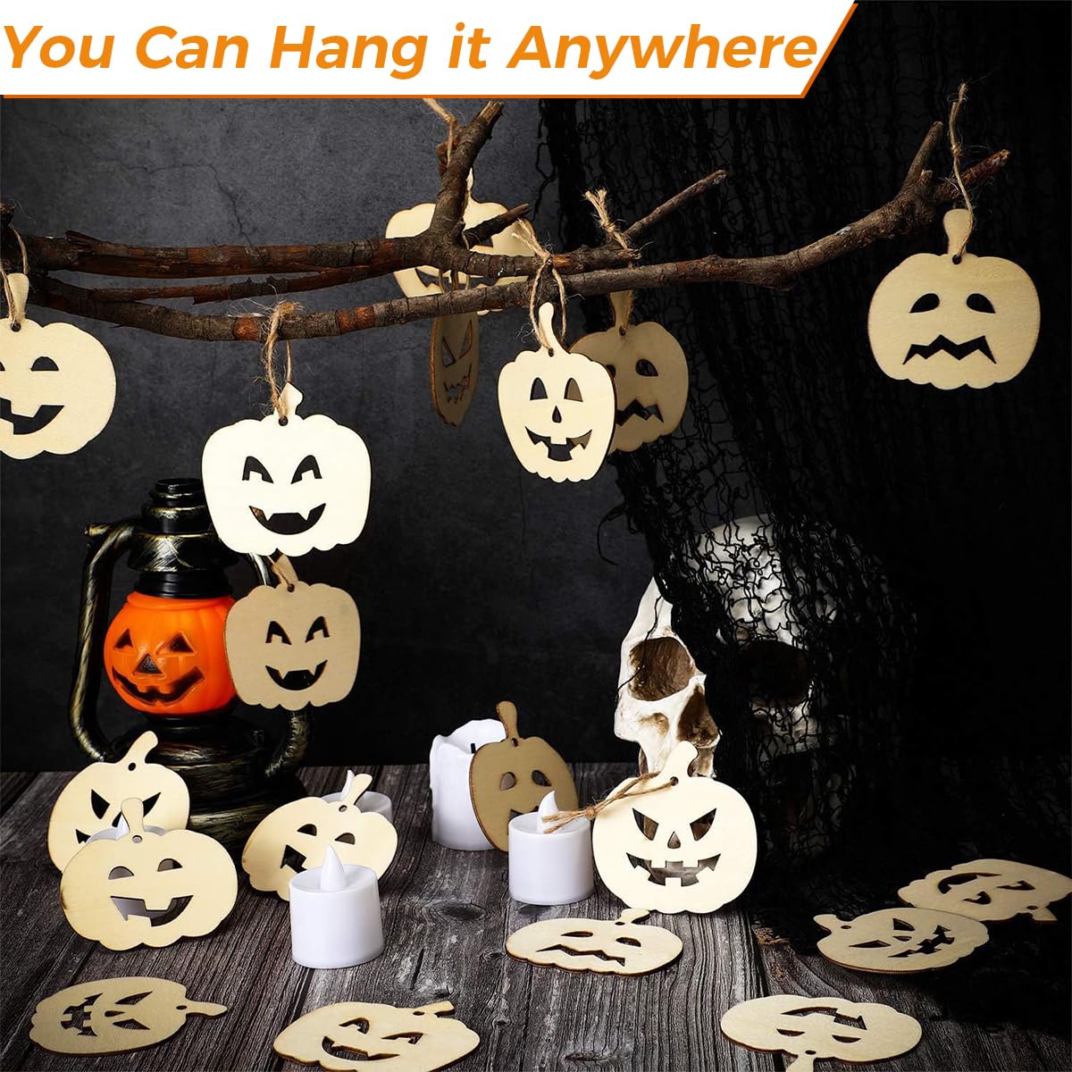 HASTHIP Halloween Decorations Set for DIY Crafting with 12Pcs Wooden Pumpkin Ornaments