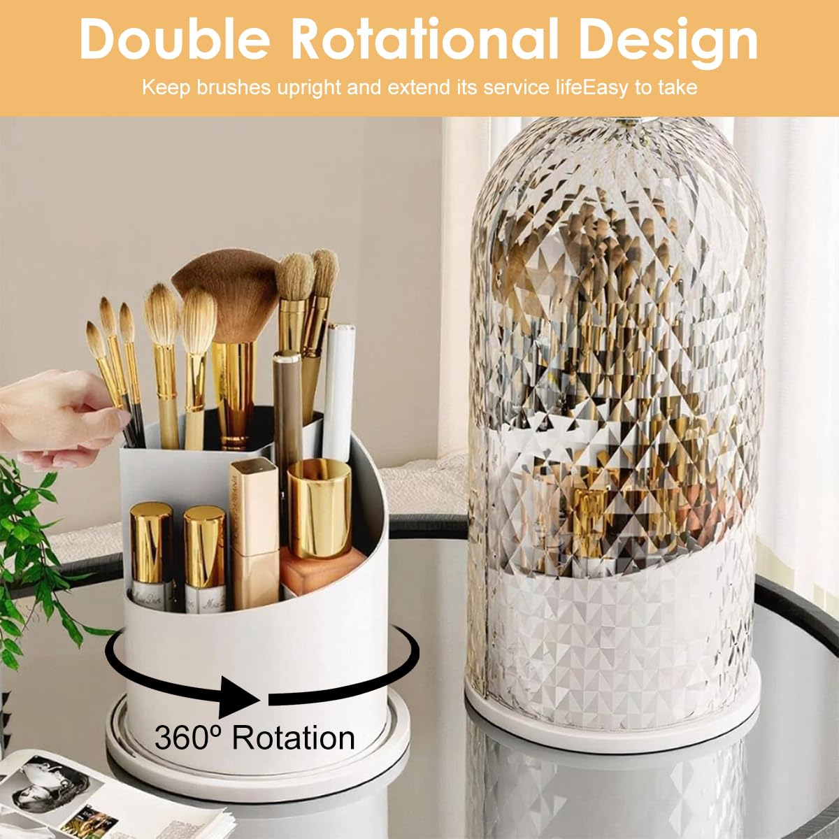 MAYCREATE Makeup Brush Holder for Vanity with 360 Rotating Base and 3 Compartments | White