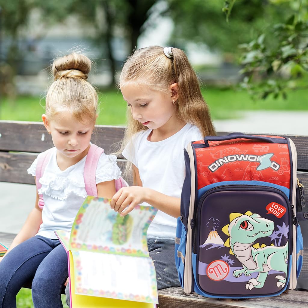 PALAY Boys School Backpack for Primary Students with 39×27×17cm Storage and Ergonomic Design | Blue Dinosaur Print with Reflective Safety Strips