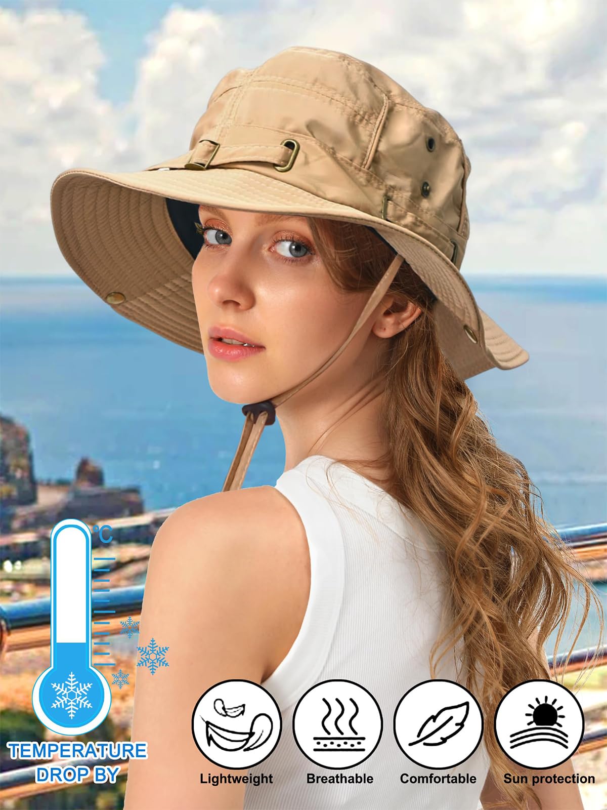 Zibuyu Sun Hat for Women with 8cm Wide Brim and Flip Up Design in Khaki | UV50+ Protection