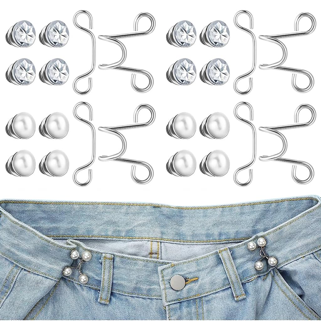 Venzina® 4 Pairs Jeans Button Pants Adjustable Waist Buckle, Instant Buttons for Loose Jeans, No Sewing Pant Waist Tightener Pins - Pearl & Crystal Style