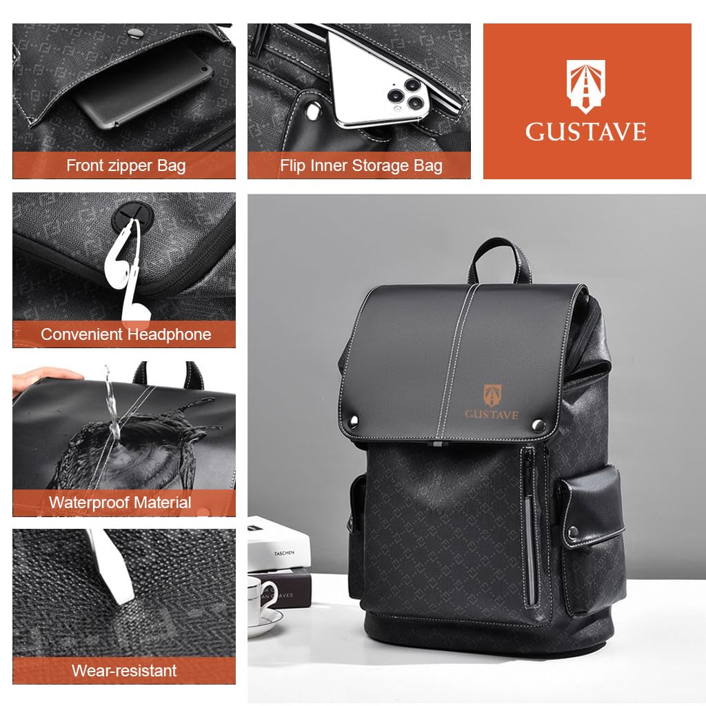 GUSTAVE Laptop Backpack for 15.6 Inch Laptop with Metal Buckle and Waterproof PU Leather | Business and Travel Bag for Men