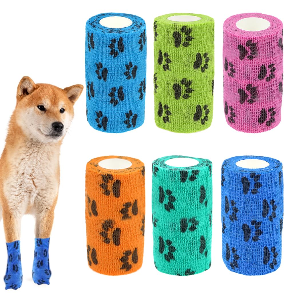 Qpets® 6Pcs Pet Injury Recovery Bandage Self Adhesive Non Woven Bandage Wide Elastic Bandage Color Paw Print Lick Proof Ingury Recovery Bandage (10 * 4.5CM)