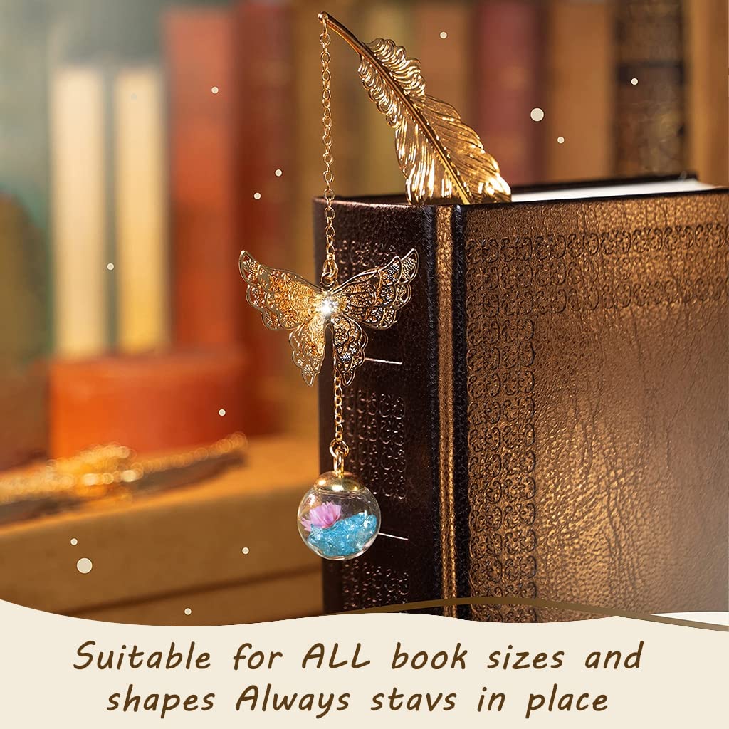 Supvox Metal Feather Bookmark for Reading and Gifting with 3D Butterfly Chain | Blue Copper 11.5 cm
