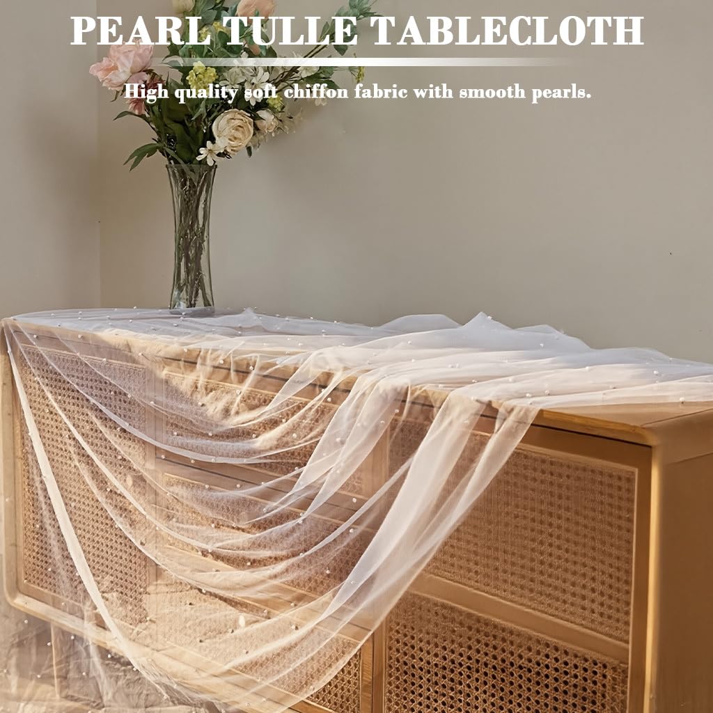 HASTHIP Table Runner for Weddings and Parties with Pearl Embellished Lace 80x300cm | Elegant Sheer Dining Decor