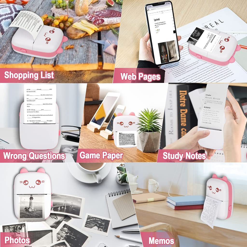 ZORBES Mini Printer, Small Pocket Printer Black and White Printing Bluetooth Thermal Printer Compatible with iOS, Android, Portable Printer with 6 Rolls Printing Paper for Notes, Memos, DIY - Pink