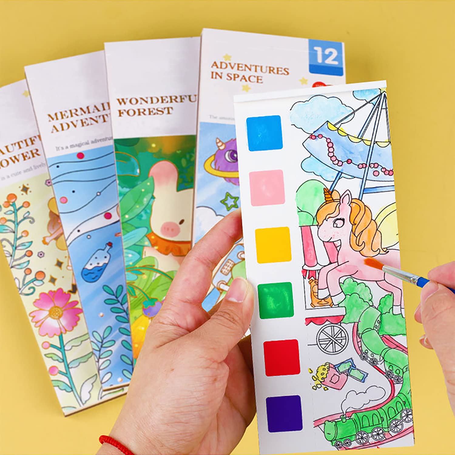 PATPAT® 10Pcs Kids Watercolor Painting Book for Kids Age 3+ Pocket Watercolor Painting Book with Paint Brush, Fairy Tale Watercolor Paint Book, Cartoon Watercolor Paint Children's Day Gift