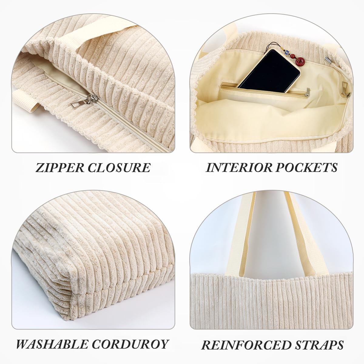 ZIBUYU Corduroy Tote Bag for Women Fashion Beige Casual Shoulder Bag Hand Bag with Zipper Nylon Webbing Shoulder Straps Design Book Bag Grocery Bag Versatile Daily Item Bag, 37x10x34cm