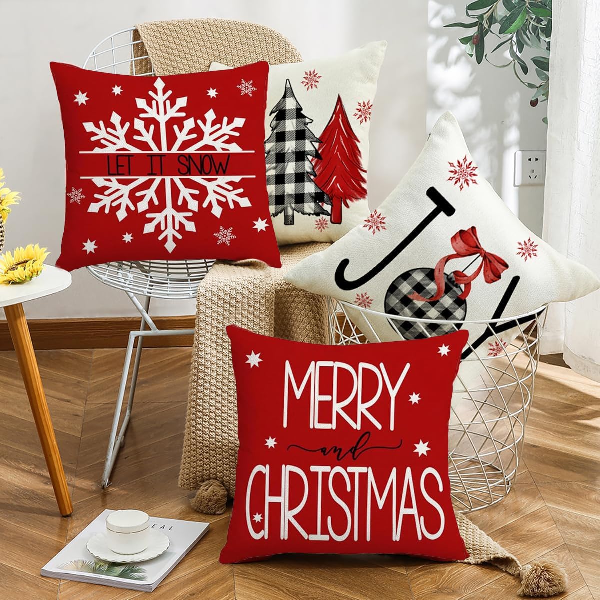 HASTHIP Christmas Cushion Covers 16x16 in Set of 4 with Hidden Zipper Linen Fabric | Festive Sofa Decor