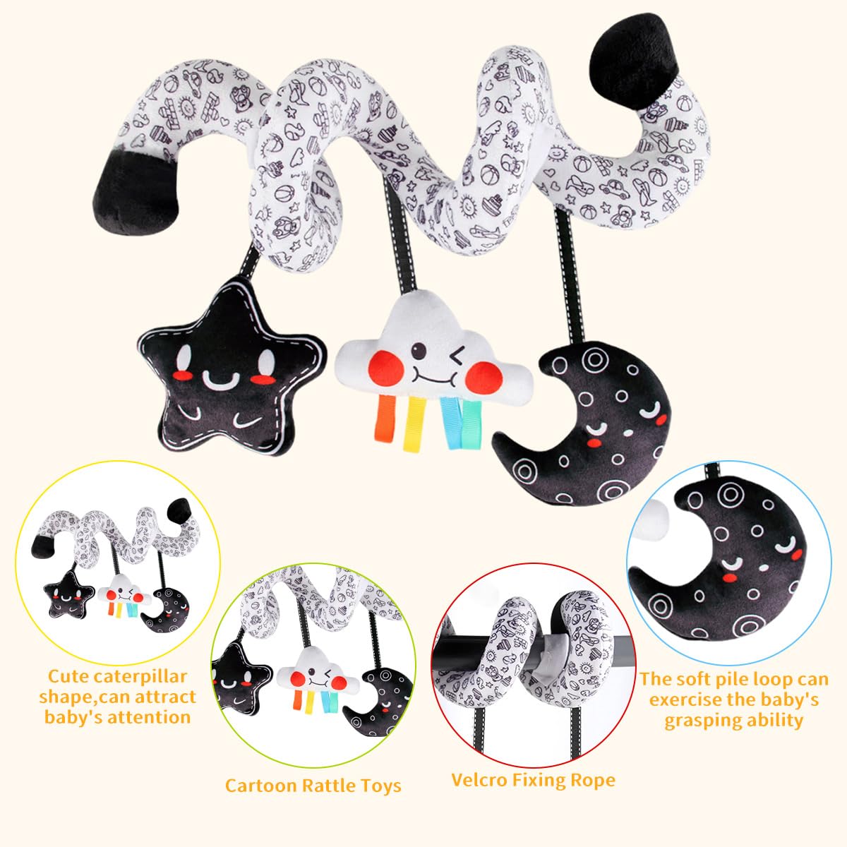 SNOWIE SOFT Star and Moon Stroller Toy for Crib Use with Spiral Design and Plush Fabric | Sensory Play for 6–12 Month Babies