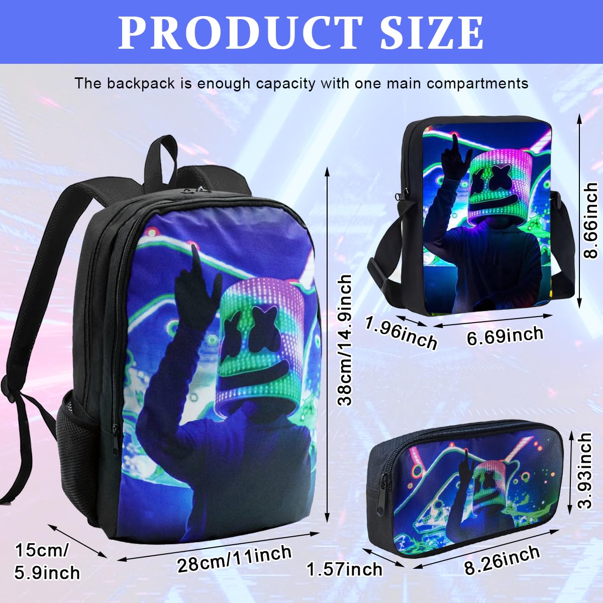 Fancyku Marshmello Backpack for School and Travel with 14 in Laptop Compartment | Oxford Cloth Bag for Fans