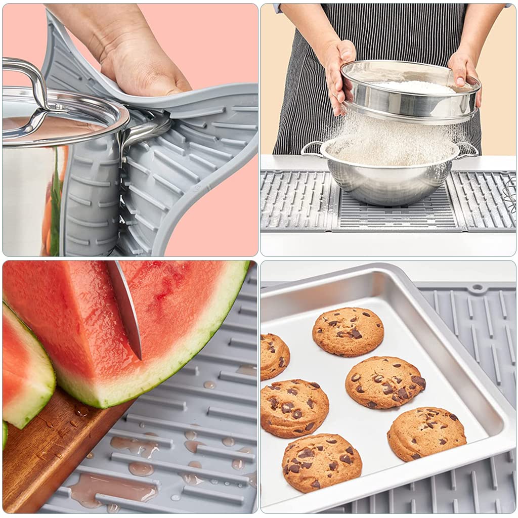 Supvox Silicone Dish Drying Mat for Kitchen Utensils 24 x 13 featuring Collapsible Trifold Design