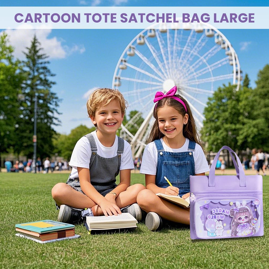 Zibuyu Tote Satchel Bag for School or Work with 13.8 x 10.6 in 3 Layer Capacity | Clear Pocket & Cute Cartoon Zippers