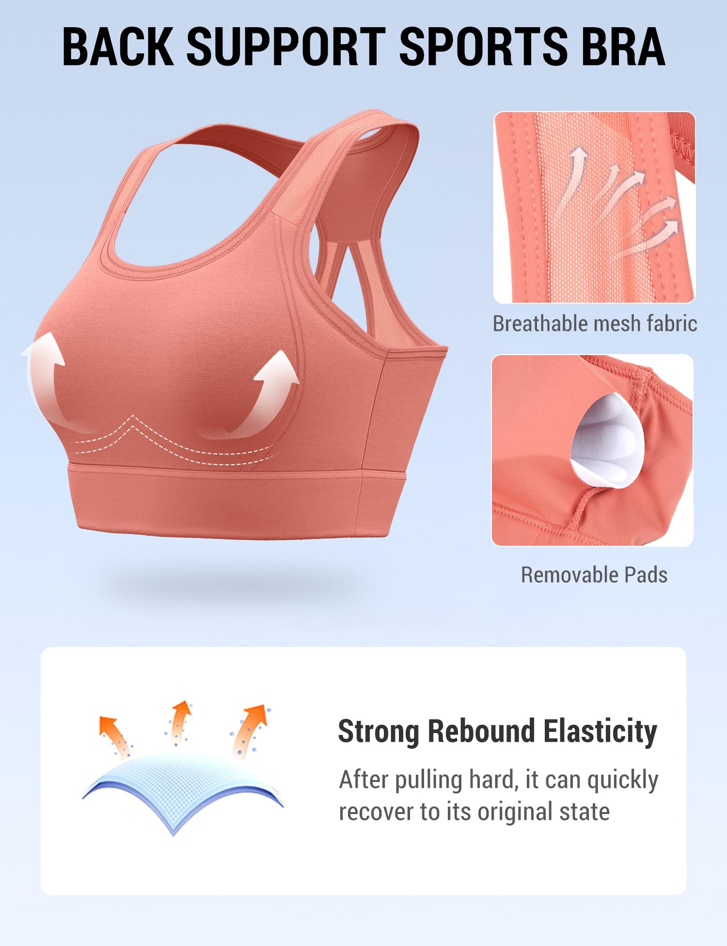 Venzina Sports Bra for Women with Breathable Mesh and Removable Pads | Coral Pink Longline Racerback