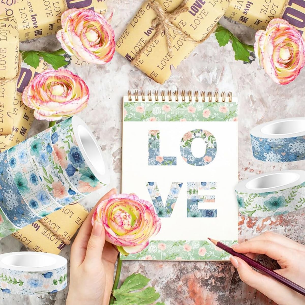HASTHIP Washi Tape for Scrapbooking and DIY Crafts featuring 12 Rolls 0.59 in x 16.4 ft Floral Prints