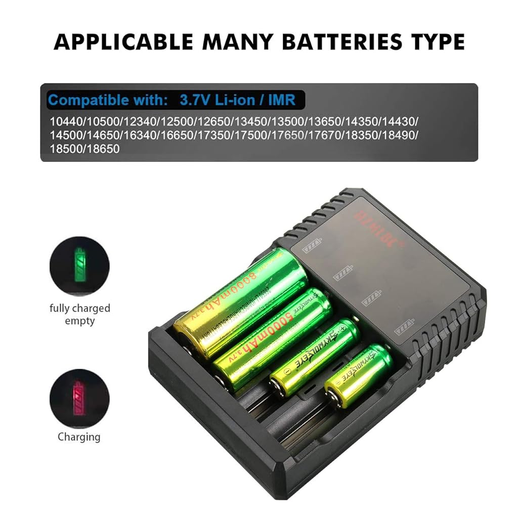 Verilux® 3.7V 4.2V Rechargeable Battery Charger 18650 Battery Charger with LED Indicator 4 Bay Lithium-Ion Battery Charger 26650/22650/18650/17670/18490/17500/17335/16340(RCR123)/14500/10400 Charging