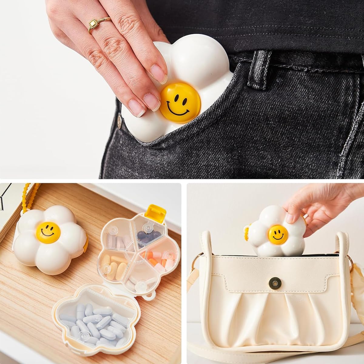 HANNEA Pill Organizer for Travel and Daily Use with 6 Compartments and Silicone Lanyard | Cream White Floral Design