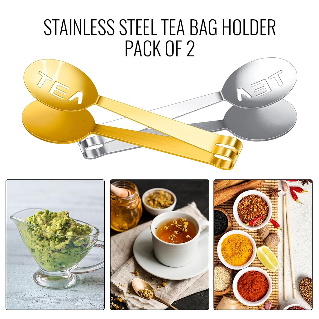 Supvox Tea Bag Tongs 4.72 in for Loose Tea and Ice Cubes featuring Cutout Design | Stainless Steel Golden & Silver