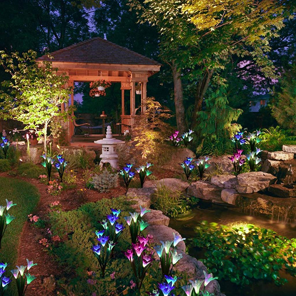 Supvox Outdoor Solar Garden Flower Lights, 2 Pack Solar Powered Lights with 8 Lily Flowers, Multi-Color Changing Decorative Underground Lights for Garden, Patio, Backyard (Purple and White)