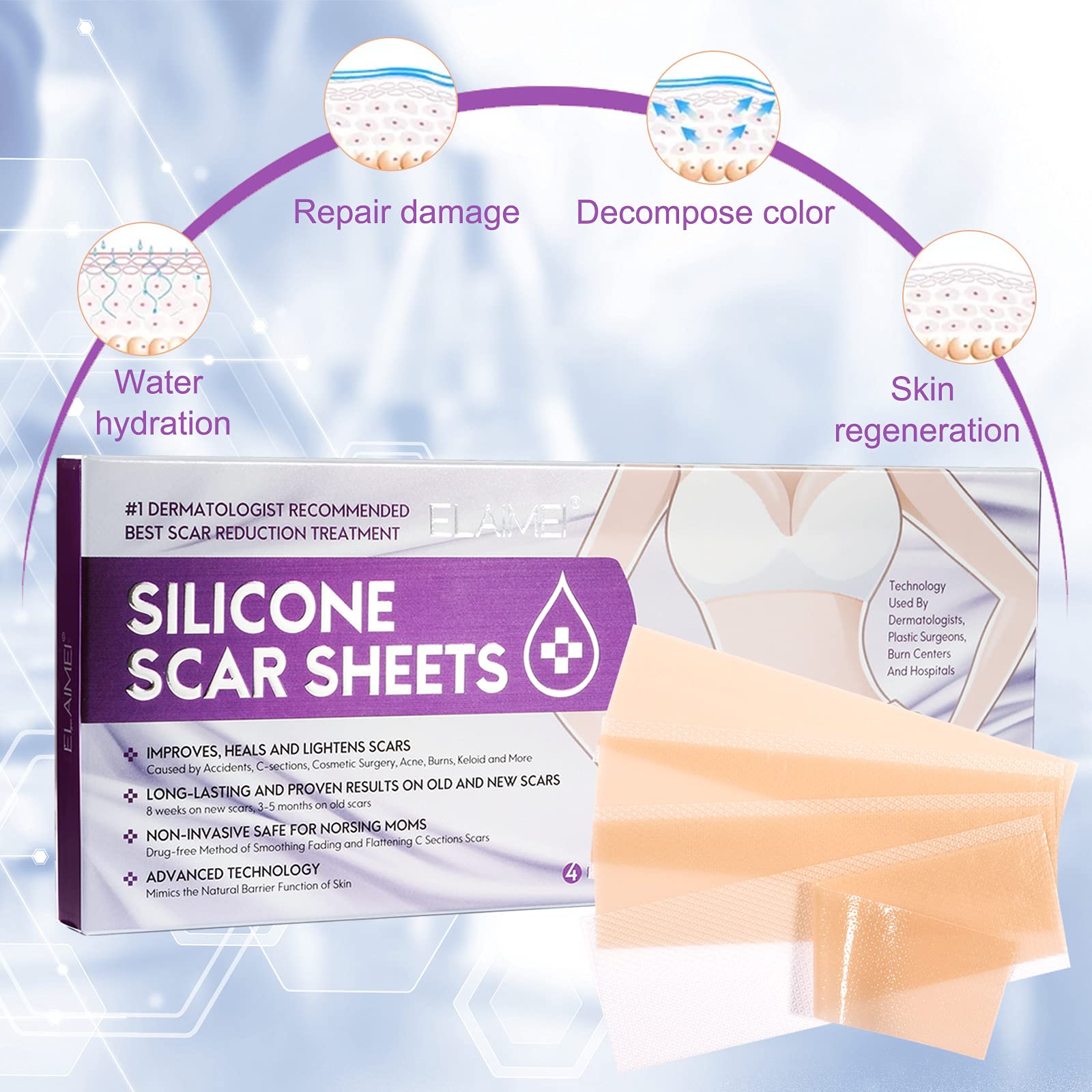 MAYCREATE Scars Removal Sheets Silicone Gel Scars Recovery Sticker Strip Waterproof Improve Scar Constitution Tissue Restore Regeneration 15 * 4cm 4 Sheets